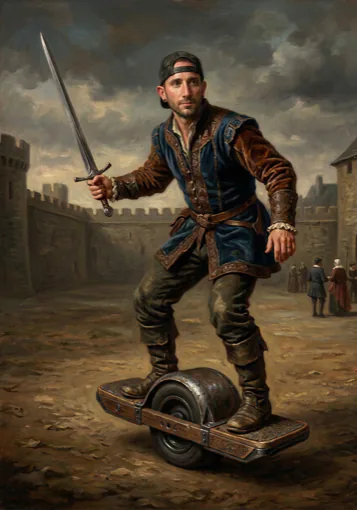 Jonny as a swordsman riding a one-wheeled board