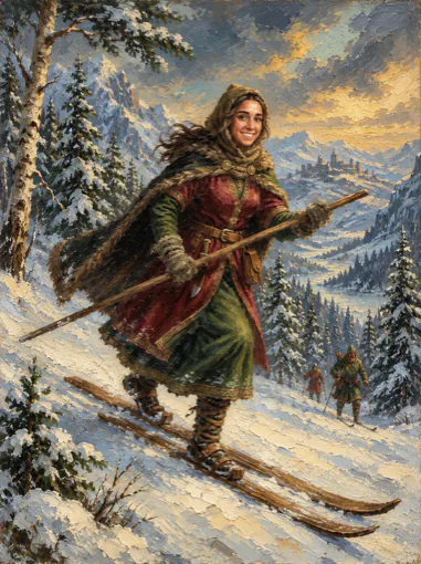 Olivia skiing through a snowy forest