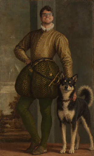 Rob in a hunting tunic, with a husky