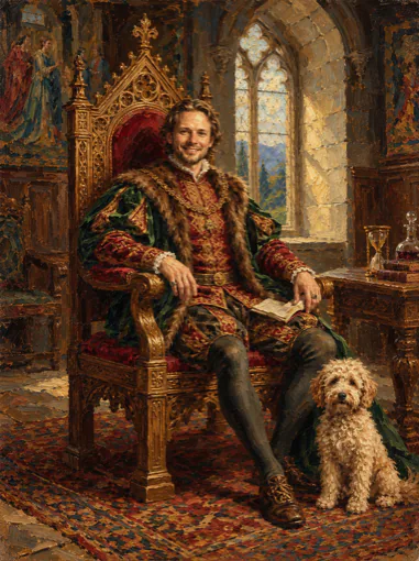 Tommy on a throne, with a curly-haired dog