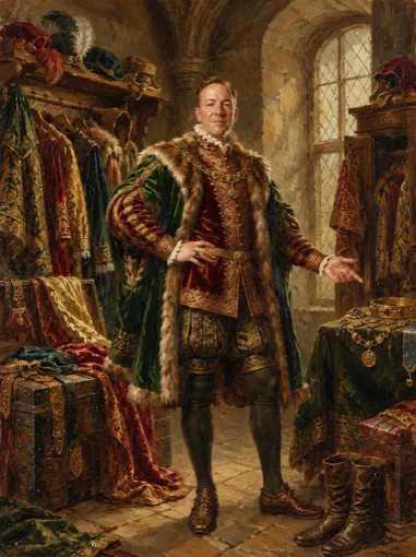 Zach as a nobleman in a green doublet