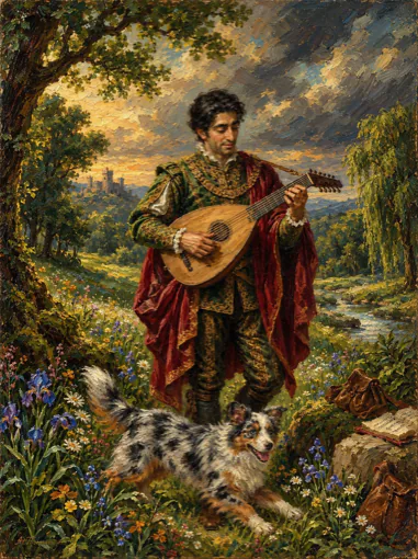 Hadif as a minstrel with a lute and a dog