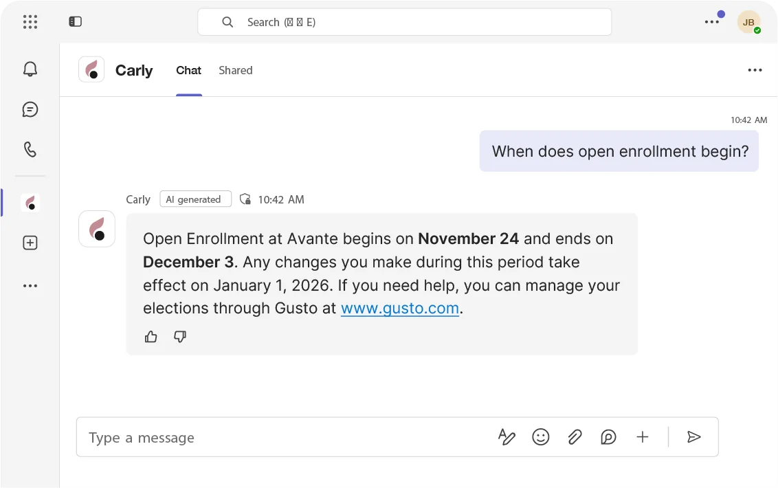 Carly in Microsoft Teams answering “When does open enrollment begin?” with the dates from the company's plan