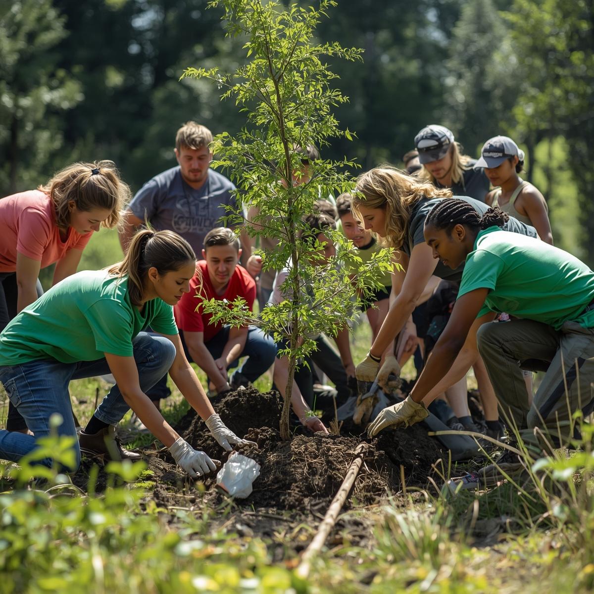 A diverse group of people collaboratively planting a young tree outdoors in a sunny natural setting.