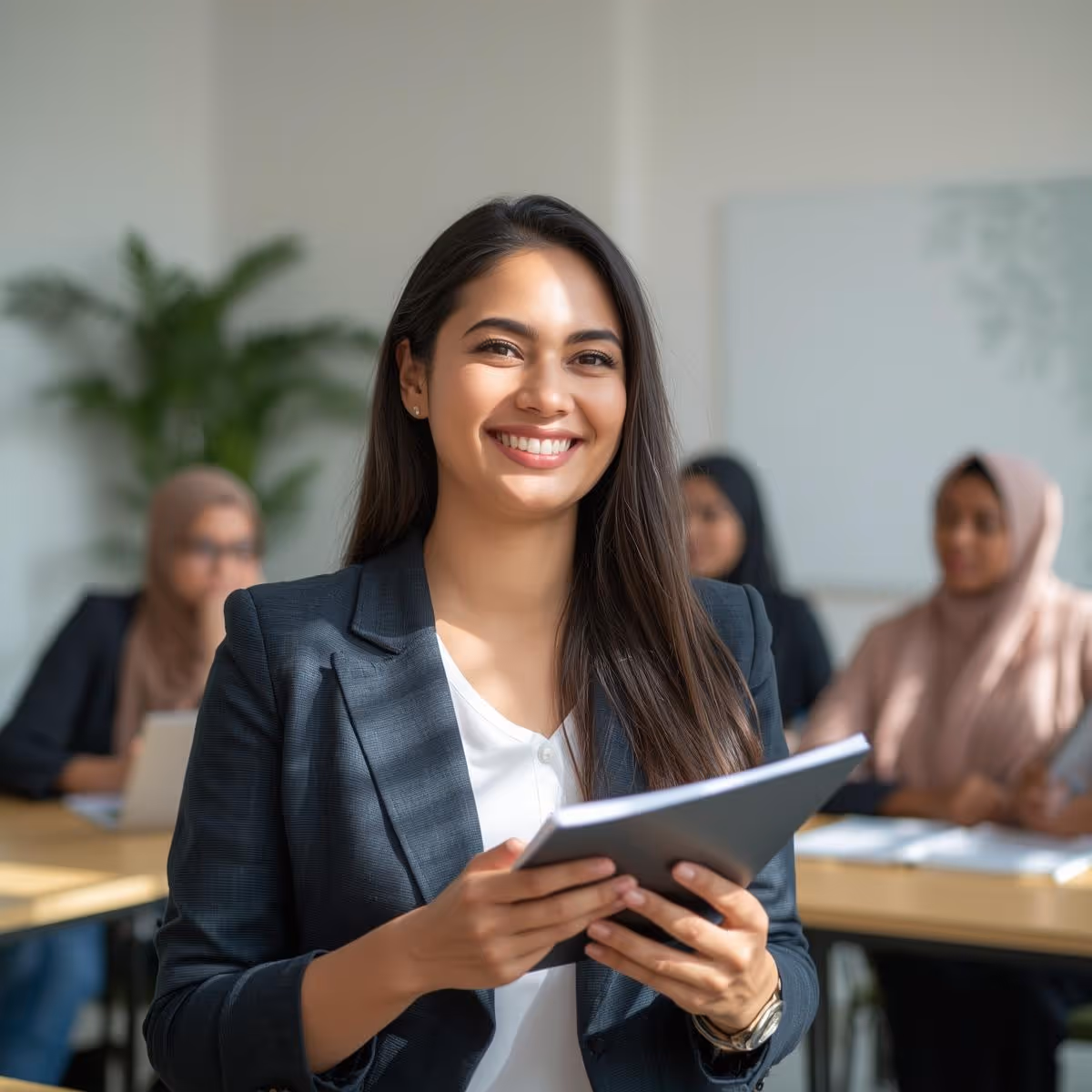 Smiling confident woman in business attire holding a tablet with three women in hijabs working in the background.