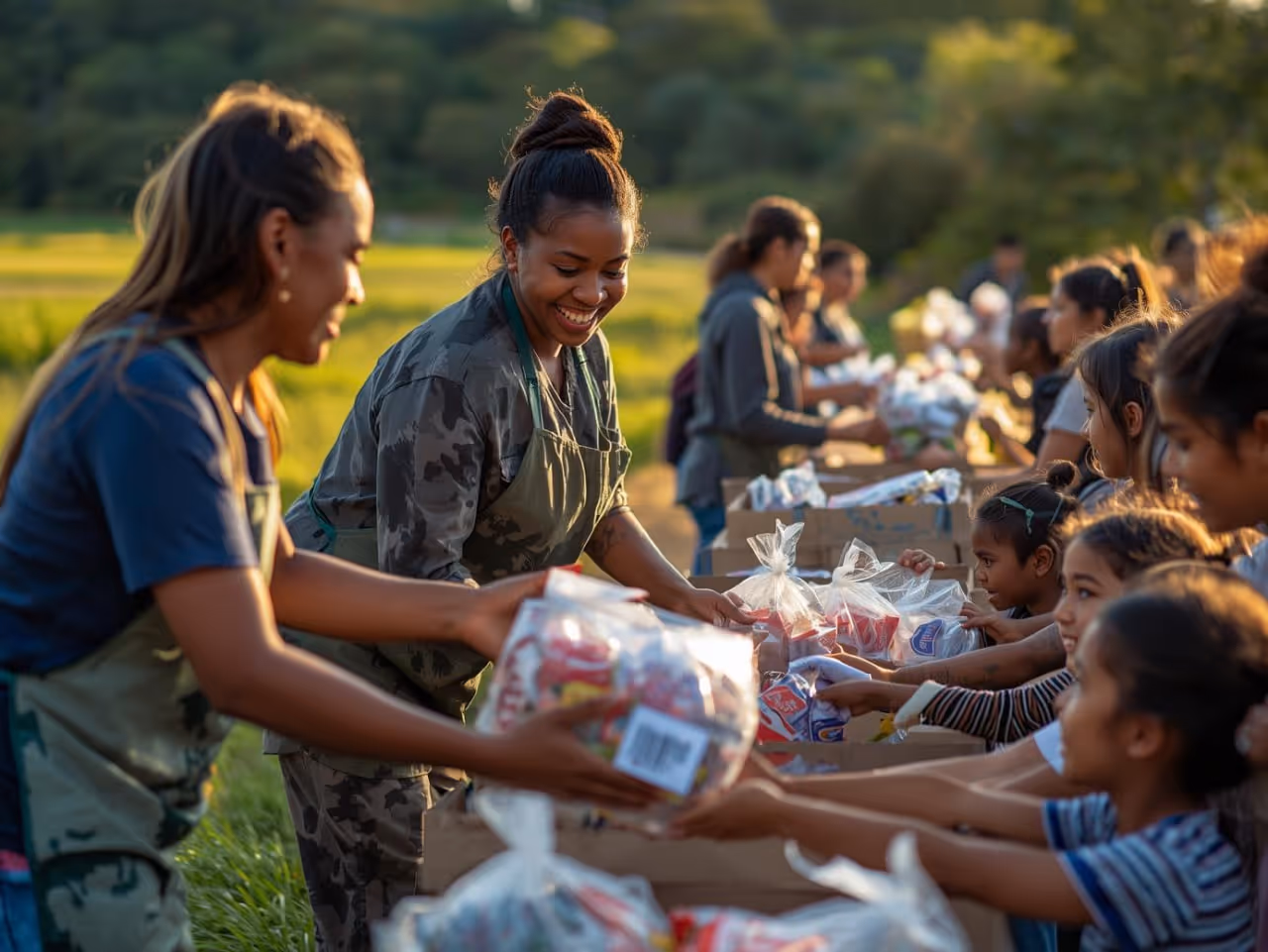 Volunteers distributing food packages to children in an outdoor setting with greenery in the background.