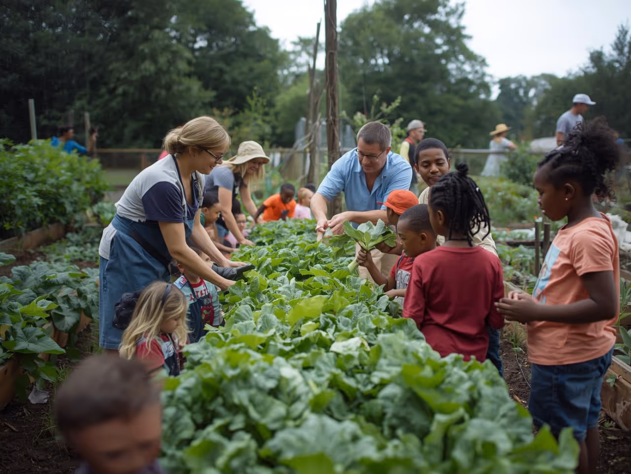 Adults and children harvesting leafy greens together in a community garden.