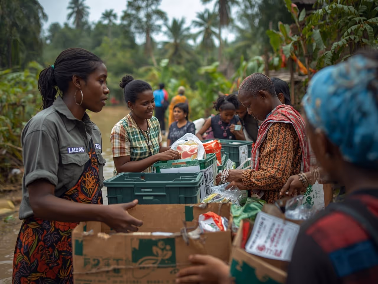 Group of women packing food and supplies into green crates and cardboard boxes outdoors in a lush, green setting.