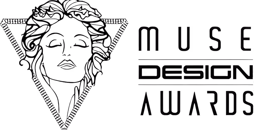 Outline of a classical female face with wavy hair inside a triangle next to the text Muse Design Awards.