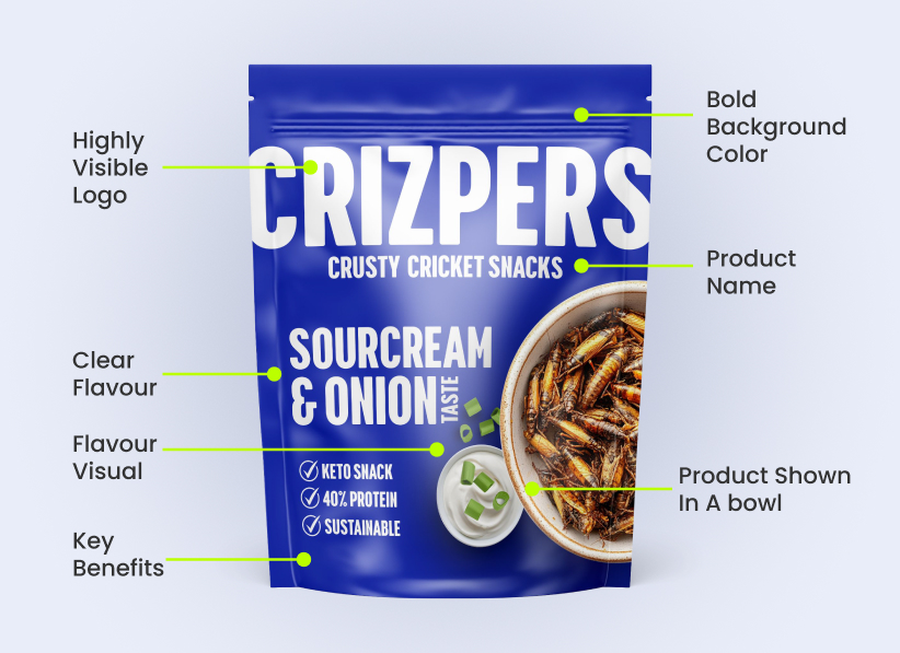 Blue packaging of Crizpers crusty cricket snacks featuring sour cream and onion flavor, with a bowl of crickets and key benefits listed: keto snack, 40% protein, and sustainable.