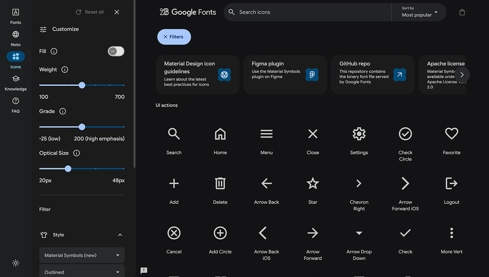 Material Icons web page
