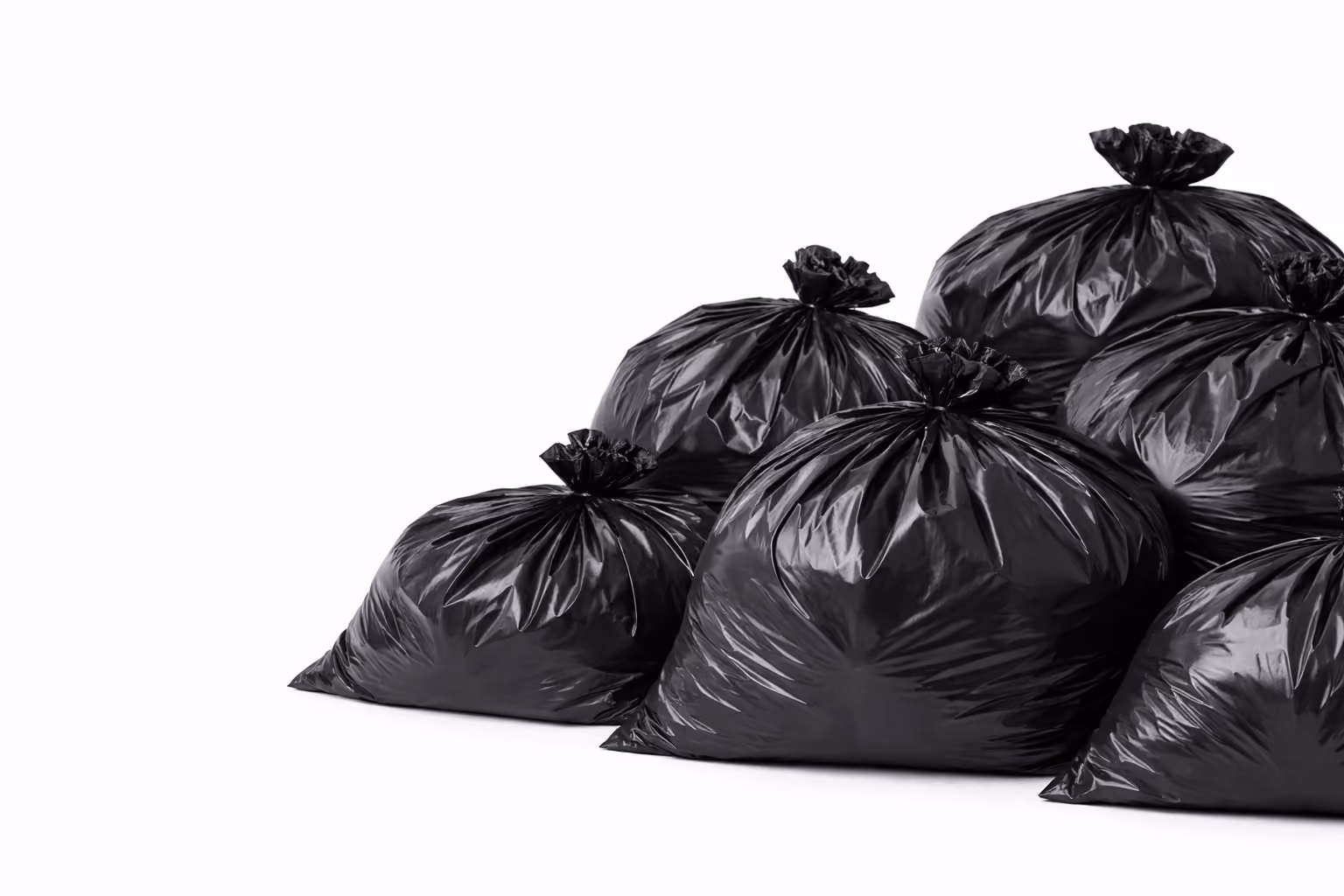 A group of tied black garbage bags on a white background.
