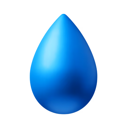 Glossy blue water droplet with smooth shading on black background.