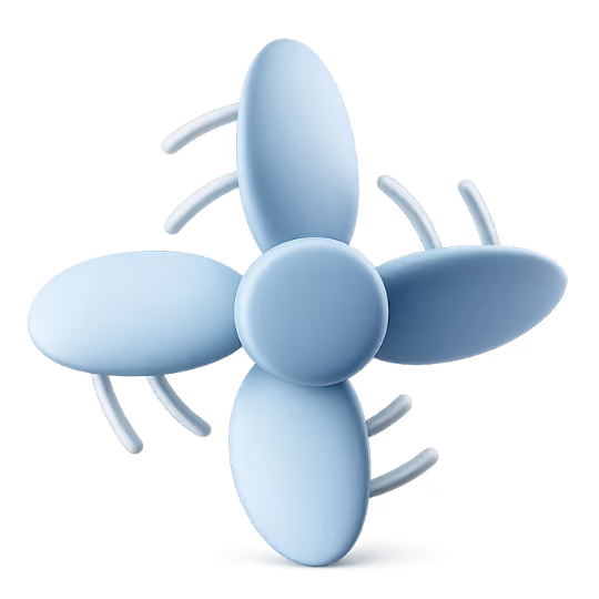 Blue four-blade fan with rounded blades and circular center hub.