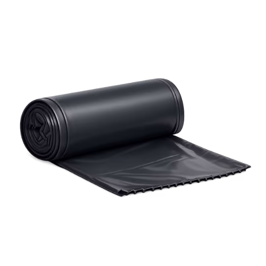 Roll of black plastic garbage bags partially unrolled on a white background.