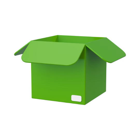 Open green cardboard box with flaps extended outward on a white background.