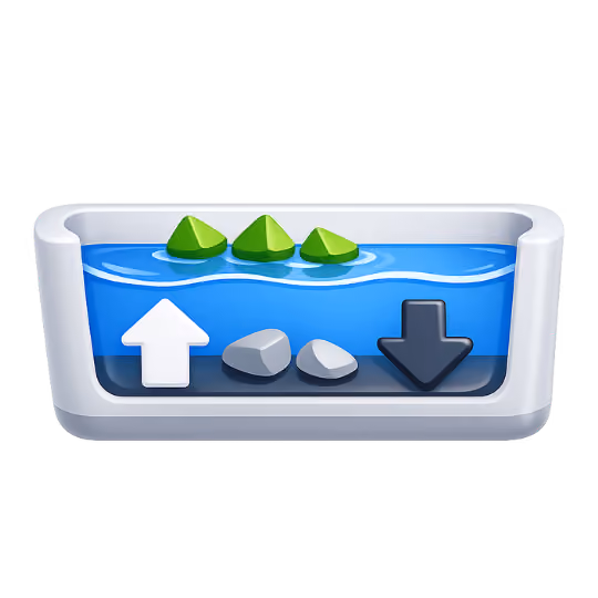 Illustration of a rectangular clear container filled with water, containing three green floating triangular shapes on the surface, two gray stones at the bottom, a white upward arrow on the left, and a black downward arrow on the right.