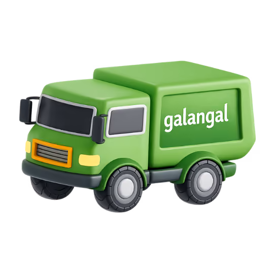 Green stylized delivery truck with the word 'galangal' on its side.