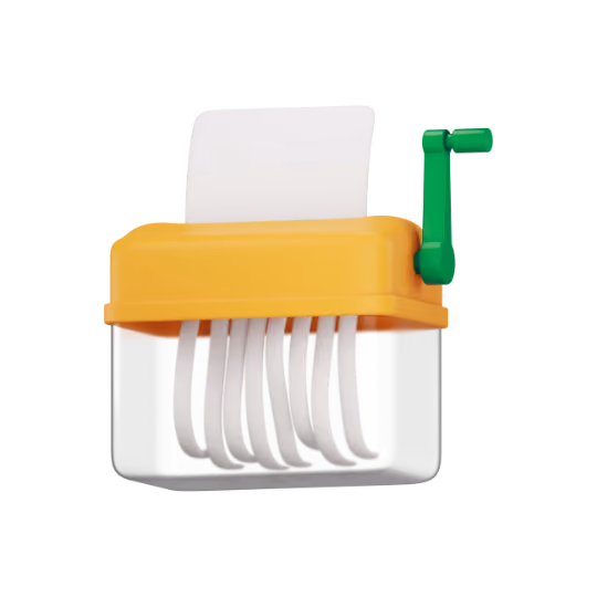 Manual paper shredder with yellow top, green handle, and clear container holding shredded white paper strips.