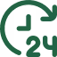 Icon of a clock with an arrow circling around it and the number 24, representing 24-hour time or service.