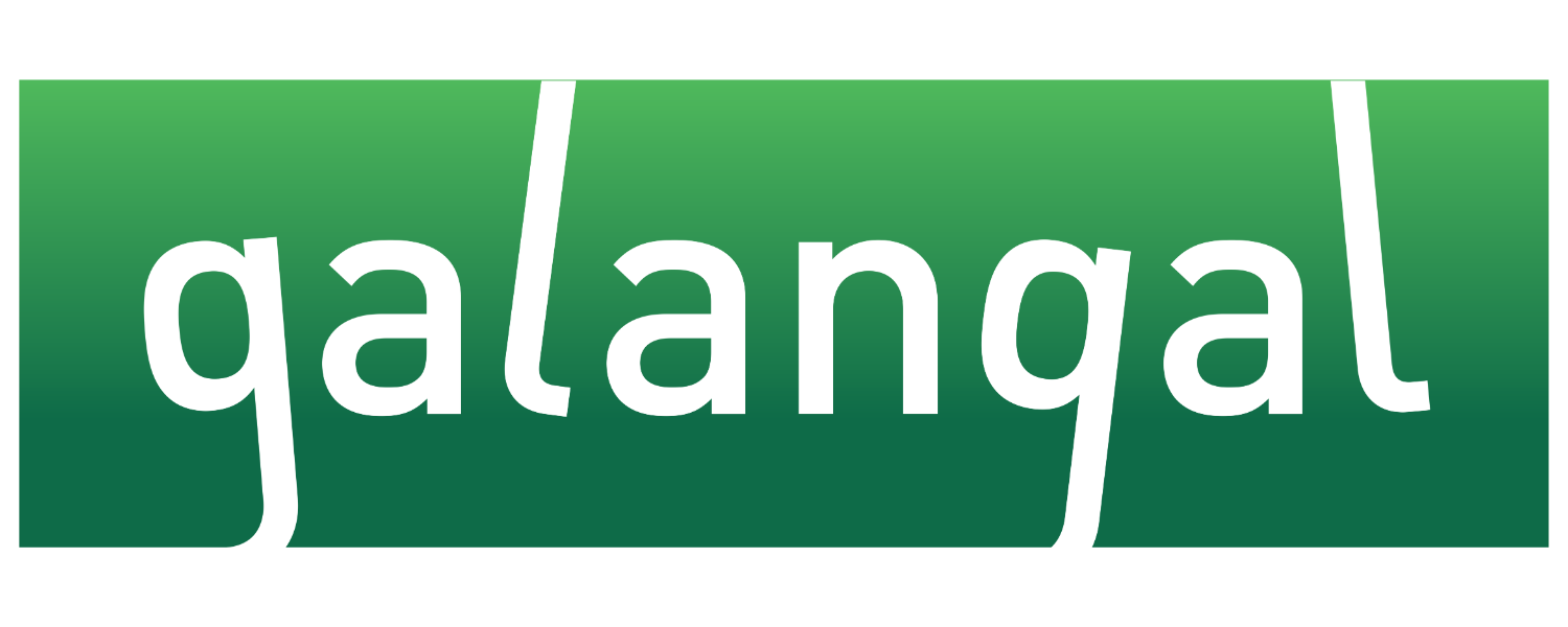 Logo with the word 'galangal' in white lowercase letters on a rectangular green gradient background.