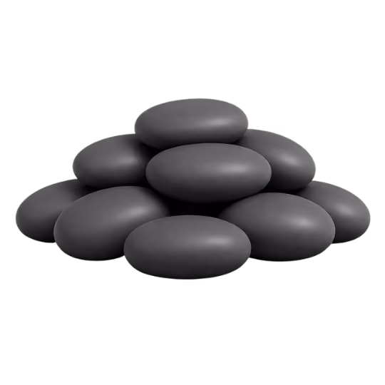 Stack of eleven smooth, oval-shaped black stones on a black background.