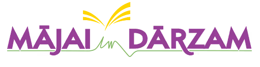Logo with purple text 'MAJAI un DĀRZAM' and yellow stylized sun rising over green mountain.