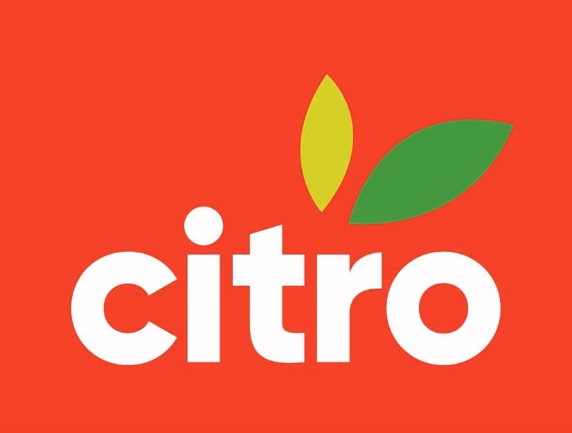The word 'citro' in white lowercase letters with two green leaves above the letter r on a red background.