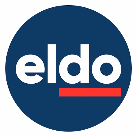 Eldo brand logo with white text and red underline on a dark blue circle background.