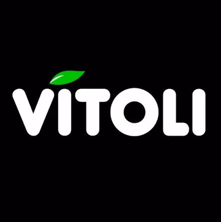 Vitoli brand name in white text with a green leaf over the letter i on black background.