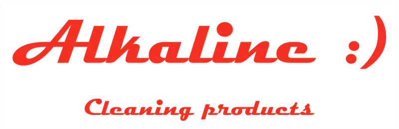 Red text logo reading 'Alkaline :)' with smaller text below saying 'Cleaning products'.