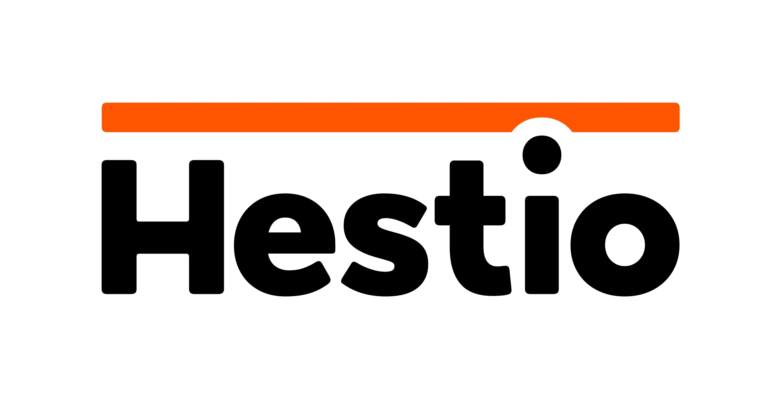 Logo with black bold text 'Hestio' and an orange horizontal bar above the letters.