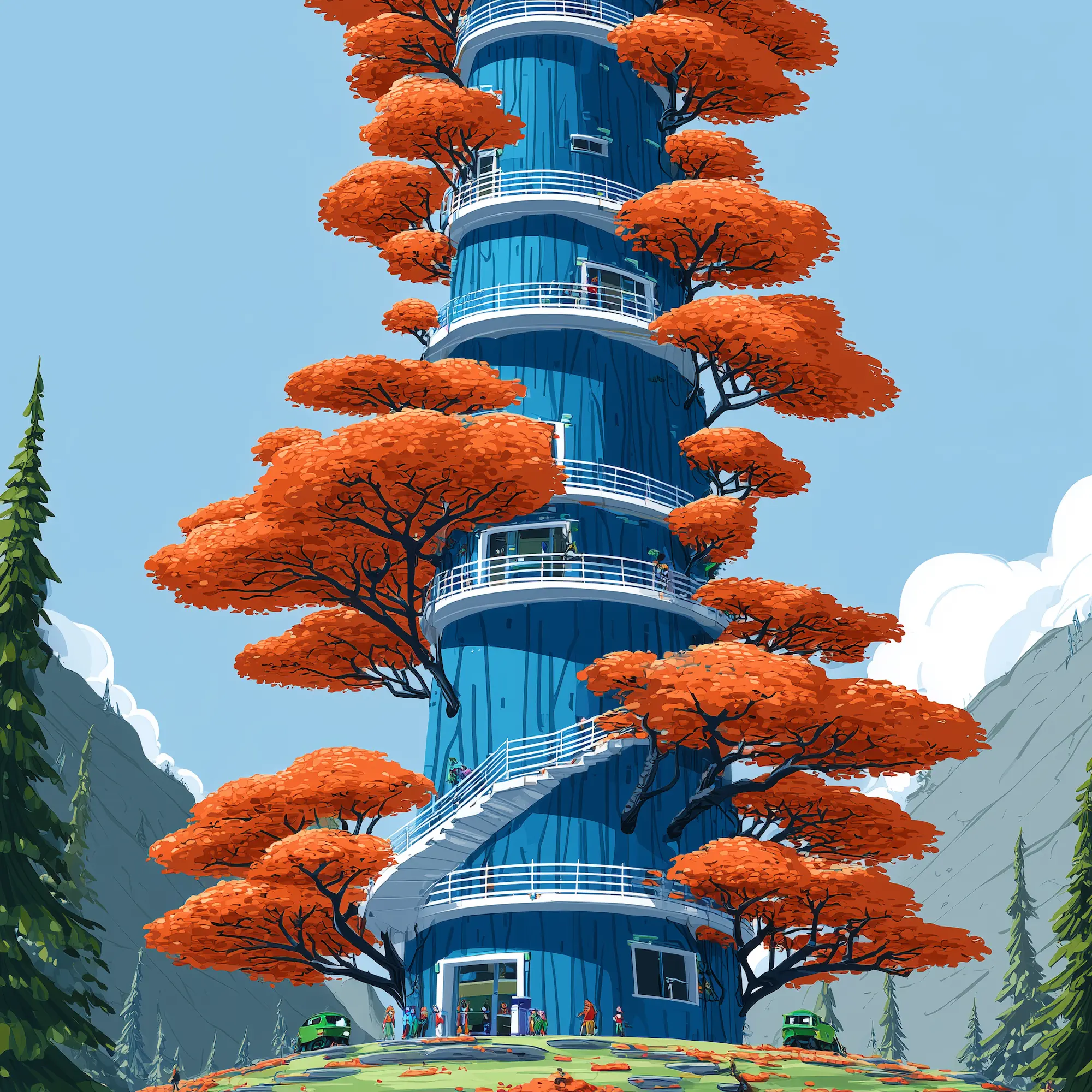 Tall blue cylindrical tower wrapped with white staircases and surrounded by trees with bright orange leaves, set in a mountainous landscape.