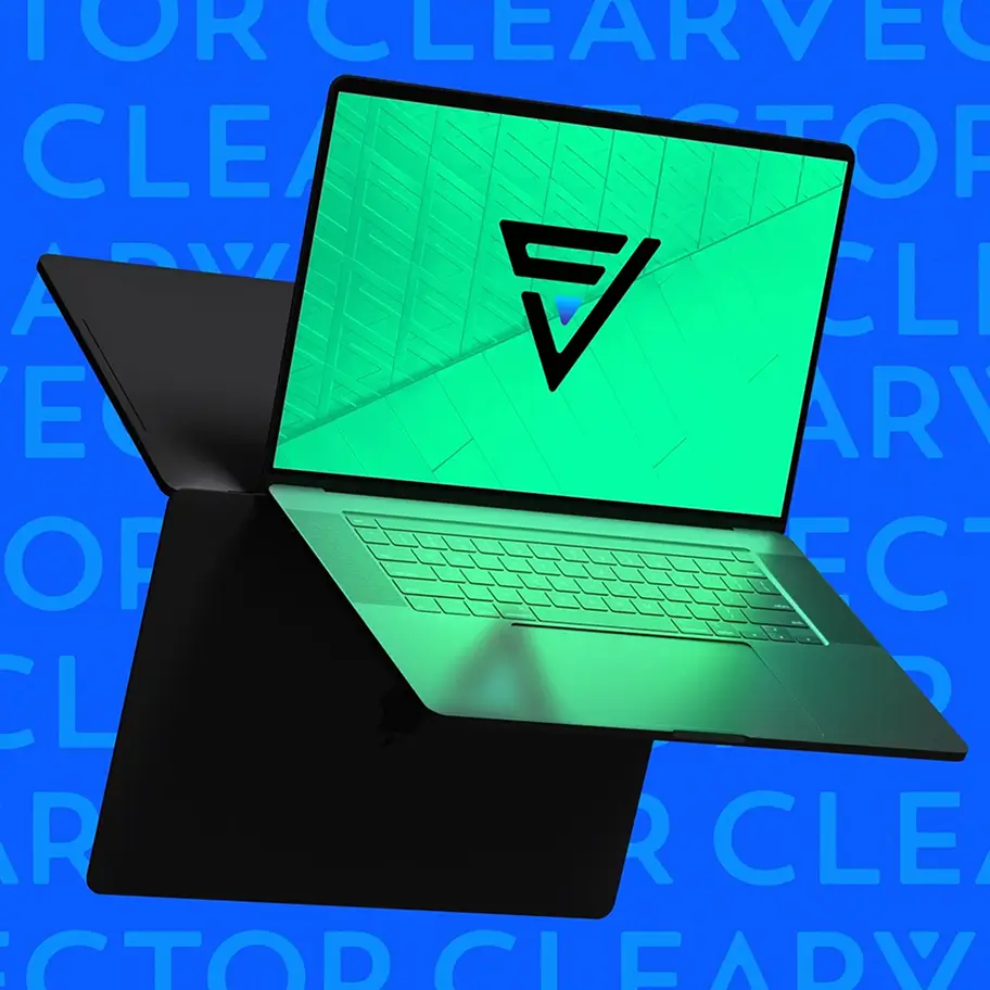 Two sleek black laptops with green screens, one open showing keyboard and a stylized black logo on the screen, against a blue background with repeated 'CLEARVECTOR' text.