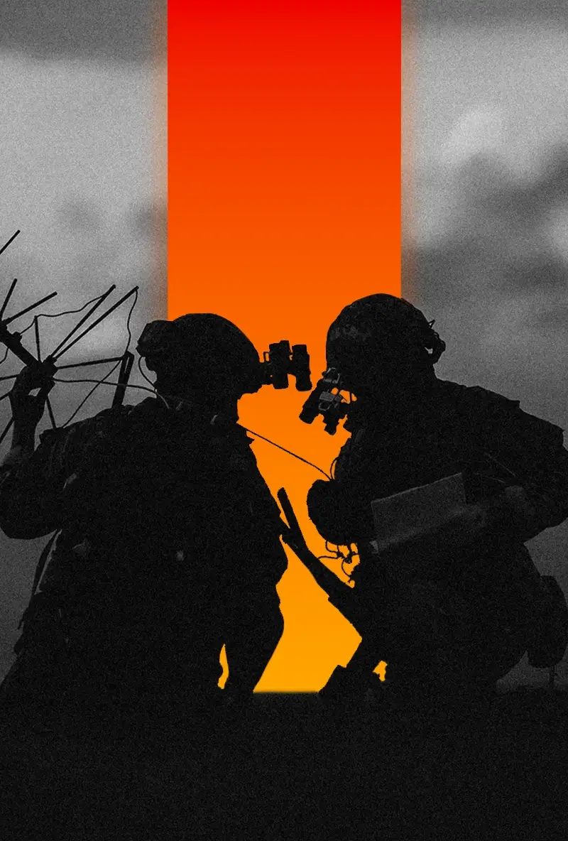 Silhouettes of two soldiers wearing night vision goggles against an orange vertical stripe background.