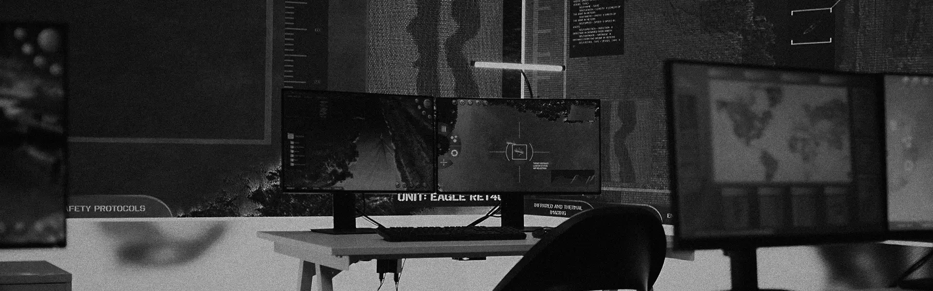 Desk setup with two large monitors displaying infrared and thermal imaging data, a keyboard, and a chair in front.