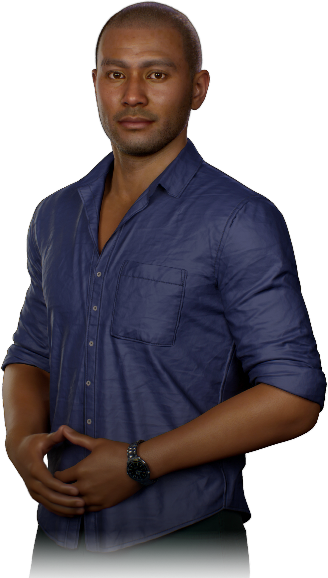 Man with short hair wearing a blue button-up shirt with rolled sleeves and a wristwatch, posing with hands clasped.