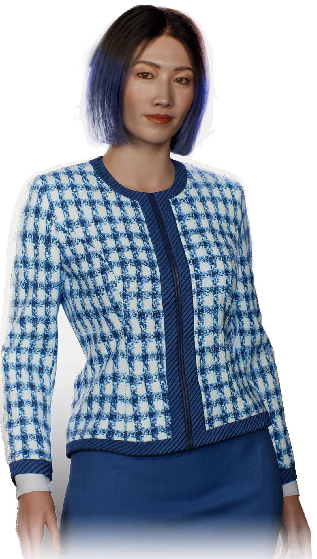 Woman with shoulder-length dark hair with blue tips wearing a blue and white checkered jacket and a blue skirt.