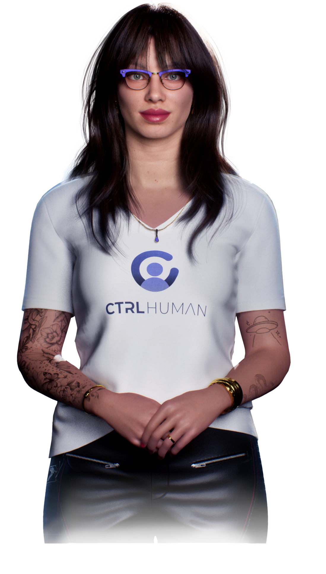Woman with brown hair and glasses wearing a white CTRLHUMAN shirt, black leather pants, and tattoos on both arms.