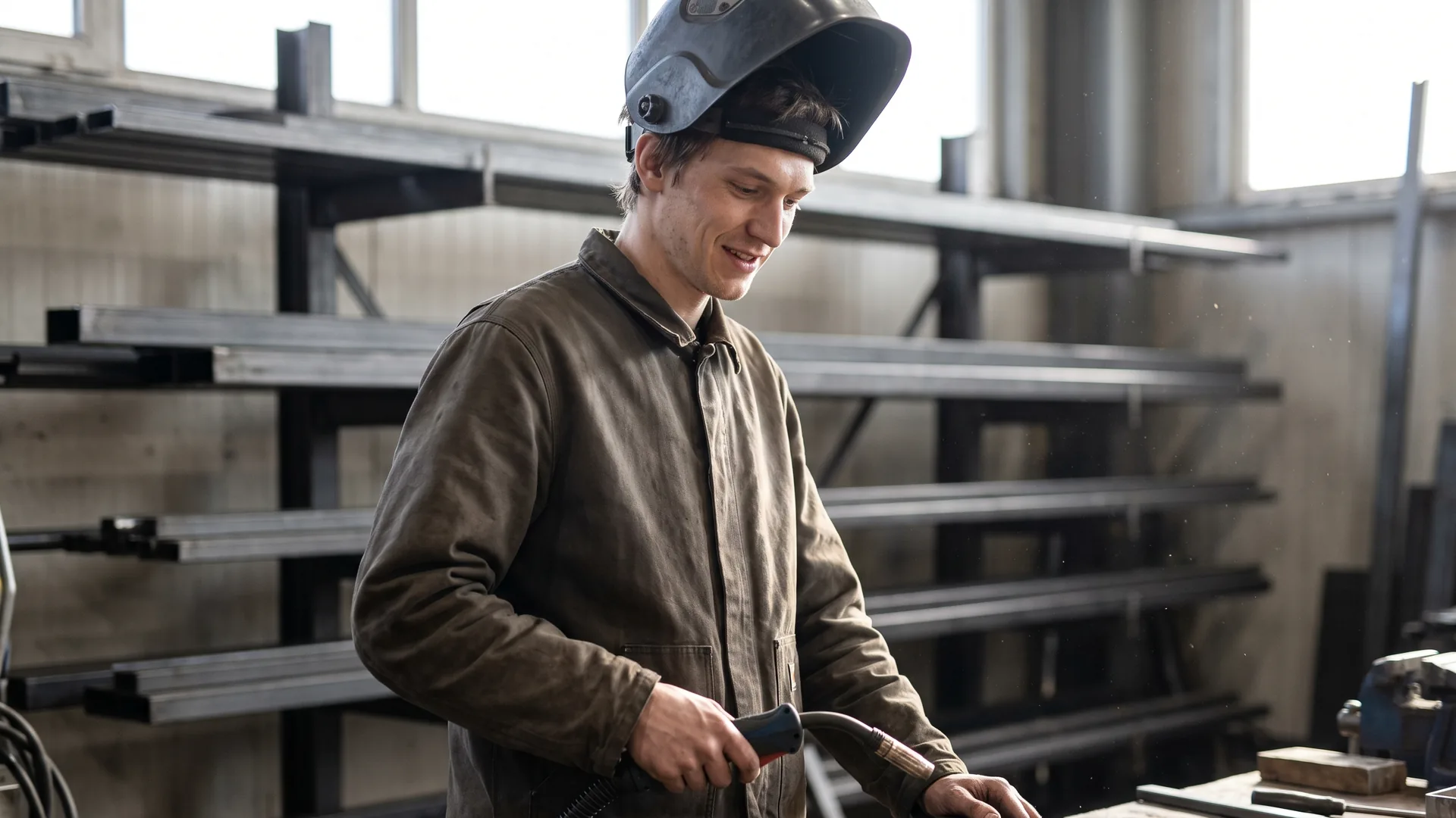 Metallbauer mit Schweißbrenner an einem Stahlrahmen