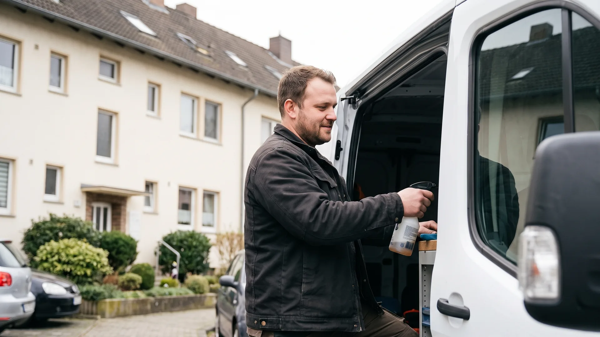 Schädlingsbekämpfer holt Sprühgerät aus dem Transporter