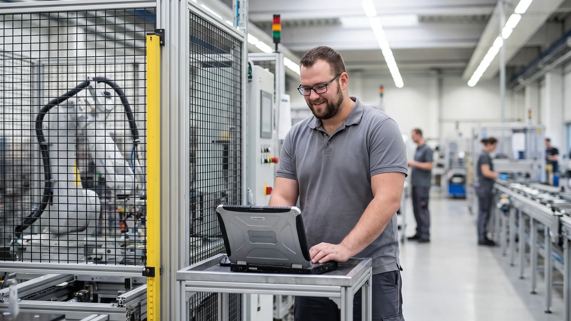 Automatisierungstechniker am Laptop neben einer Roboterzelle