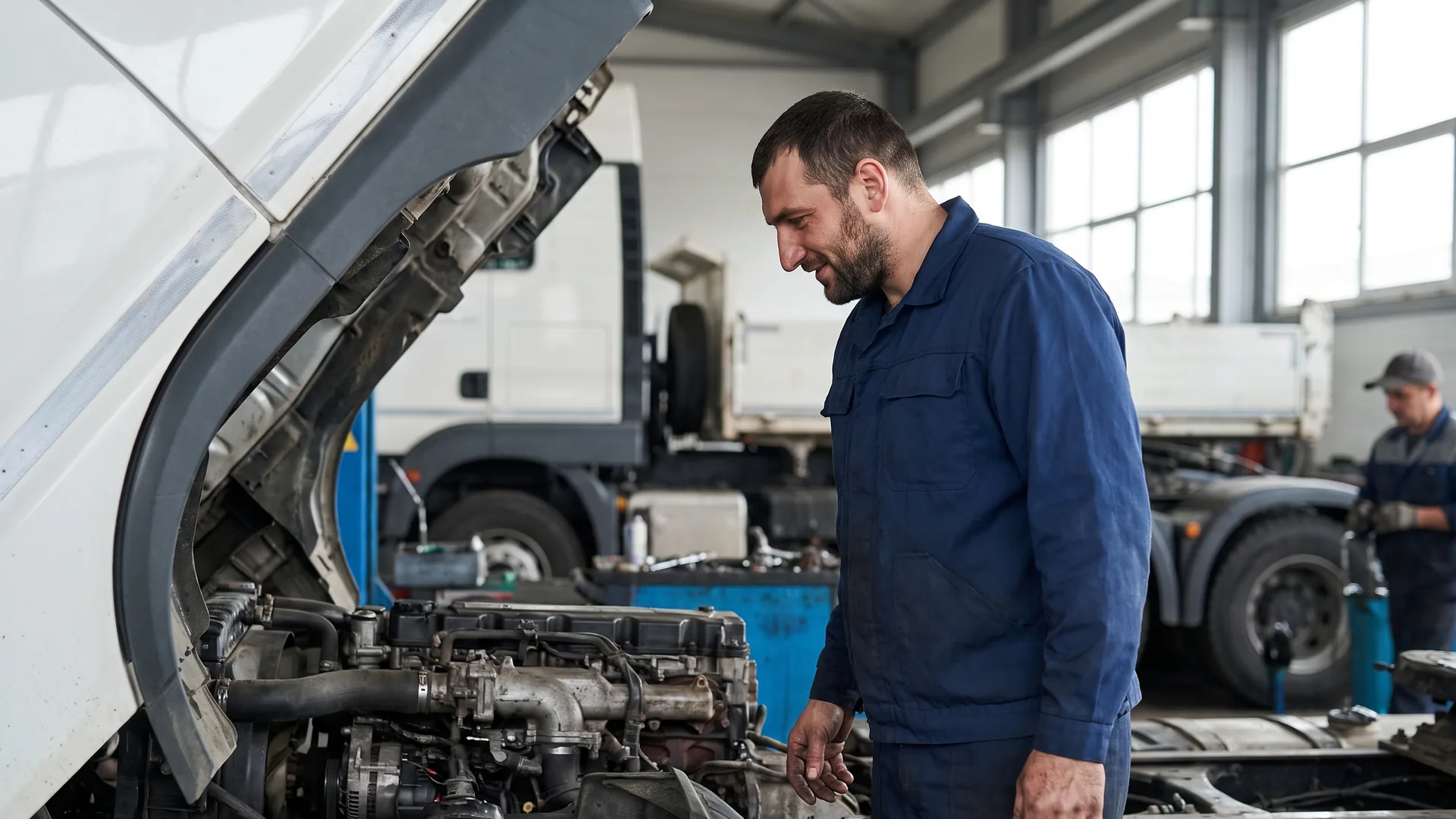 Nfz-Mechaniker vor dem offenen Motorraum eines Lkw