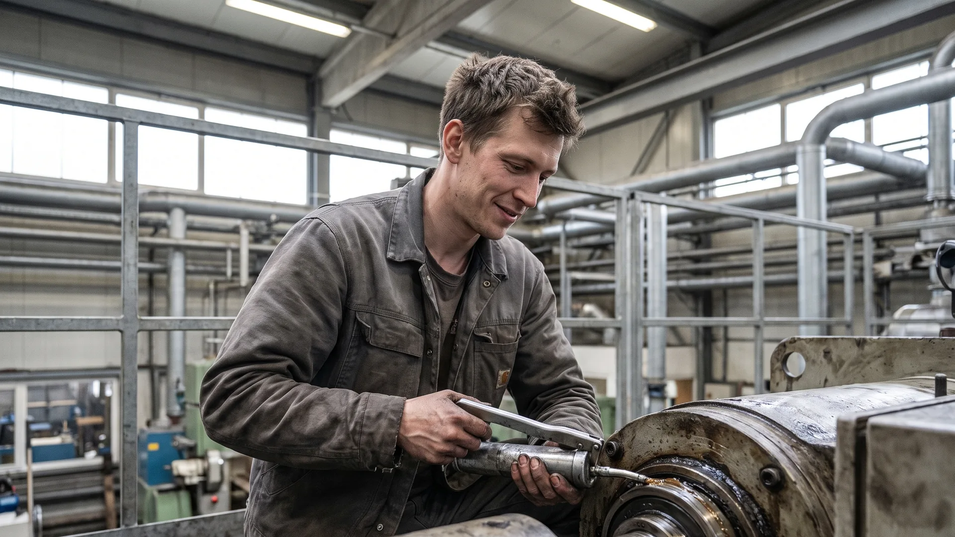 Instandhalter schmiert ein Lager an einer großen Maschine