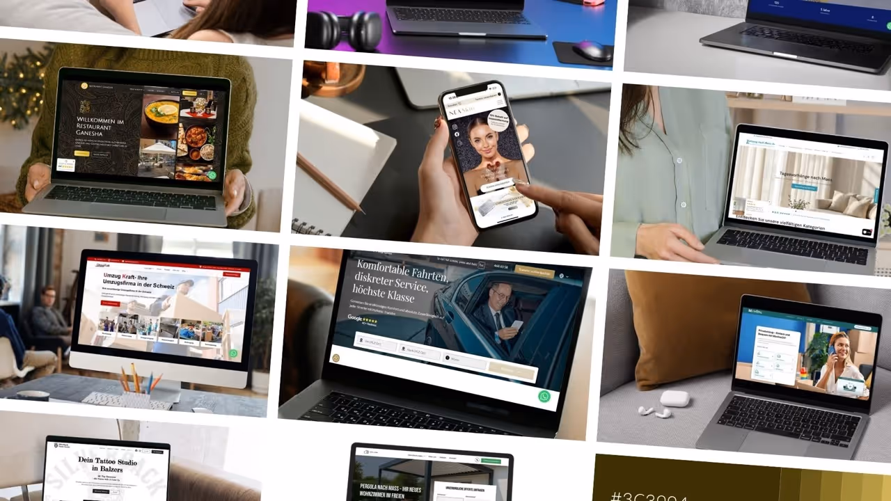 Collage mehrerer Fotos von Personen, die verschiedene Laptop- und Smartphone-Bildschirme mit Websites zu Themen wie Restaurant, Umzug, Komfortfahrten, Tattoo-Studio und weitere anzeigen.