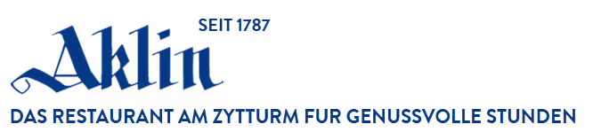Logo von Aklin, einem Restaurant seit 1767, mit dem Slogan Das Restaurant am Zytturm für genussvolle Stunden.