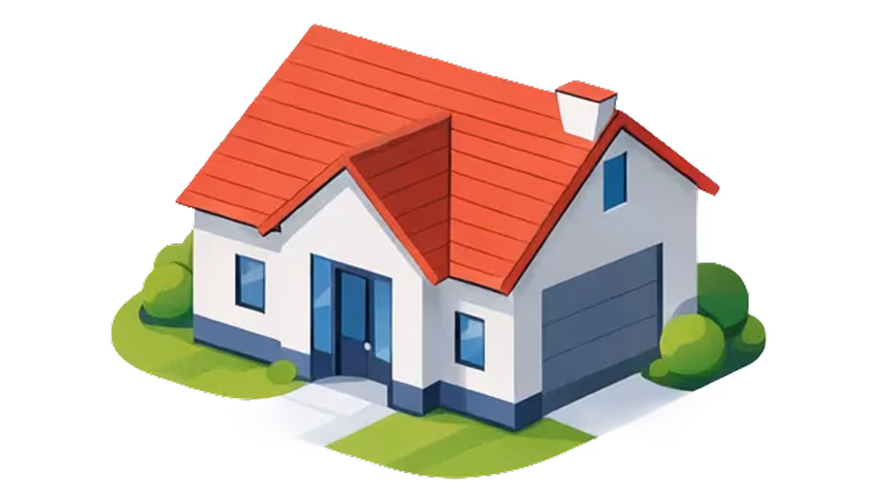 Illustration d'une maison blanche avec un toit rouge, une porte d'entrée double en verre et un garage fermé, entourée de pelouse et de buissons verts.