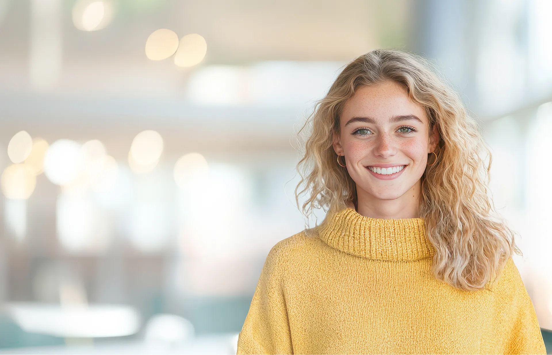 Smiling young woman with curly blonde hair wearing a yellow sweater in a bright indoor setting.