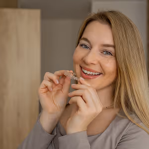 Smiling woman holding a clear dental aligner near her mouth.