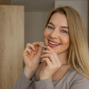 Smiling woman holding a clear dental aligner near her mouth.